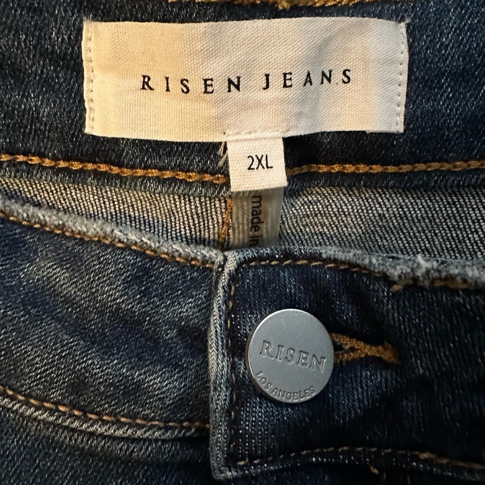 Risen High Rise Front Slit Frayed Hem Dark Flare Jeans Womens 2XL distressed NWT - Picture 9 of 10